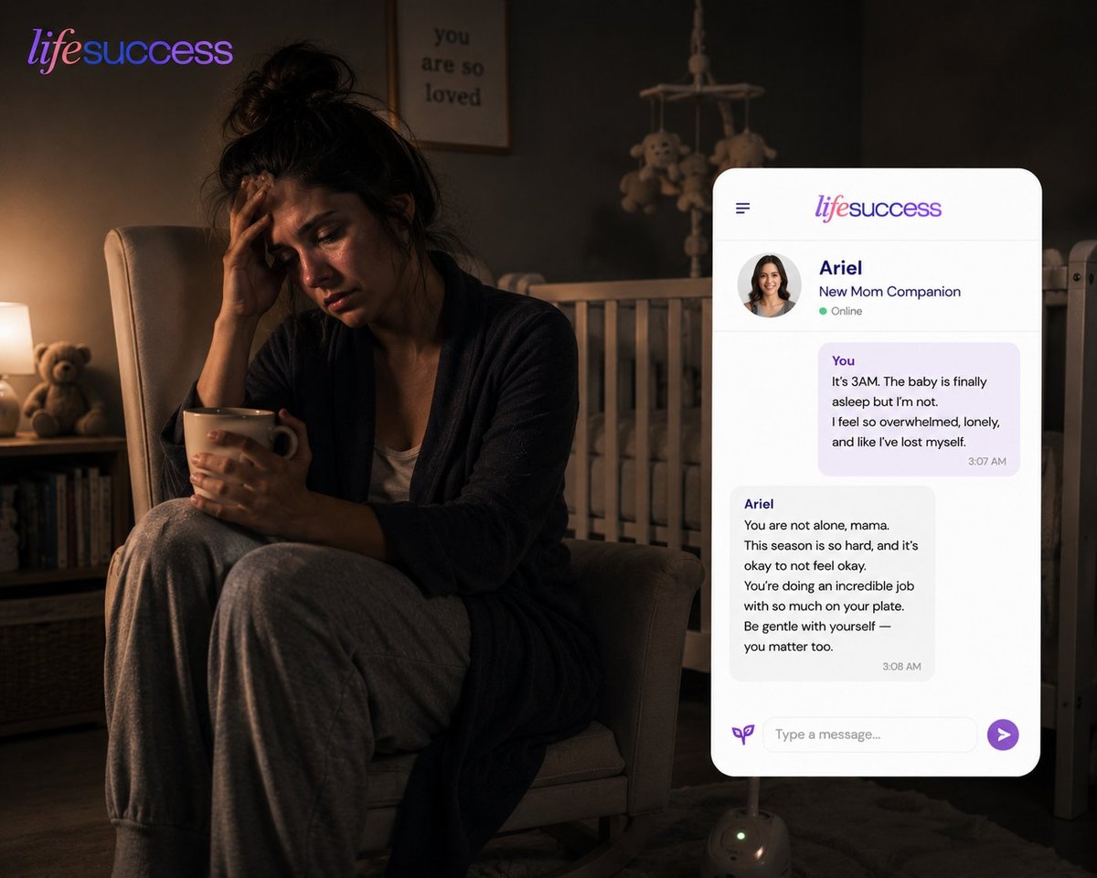 Stressed mother in dark room with phone showing life success app chat interface with support messages
