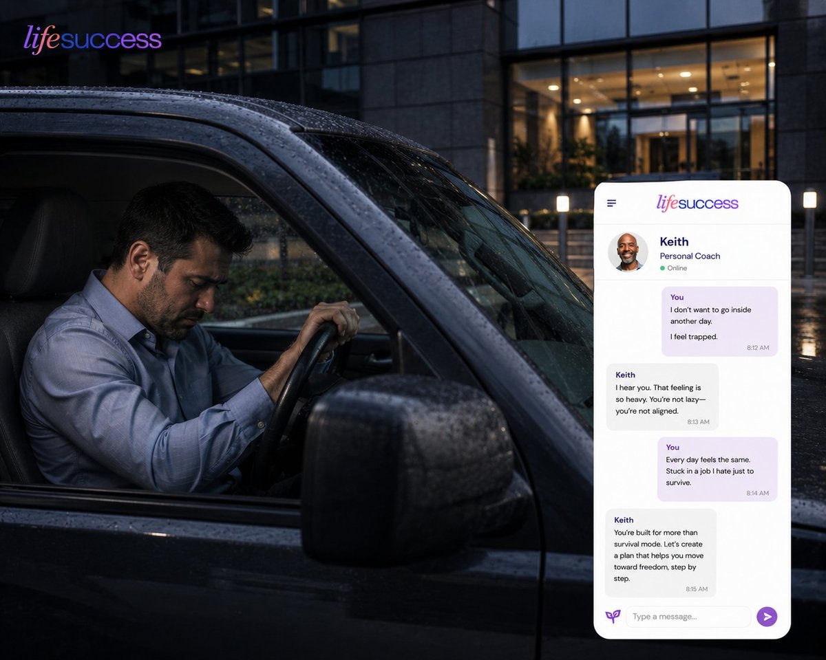 Man in car using LifeSuccess messaging app for business communication