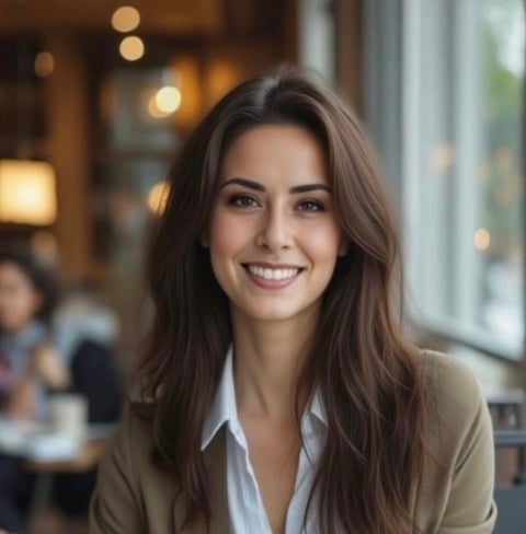 Smiling woman with long brown hair wearing a beige cardigan and white collared shirt in a modern office setting