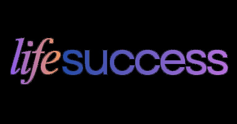 Life Success logo with purple italic text life and blue text success on black background